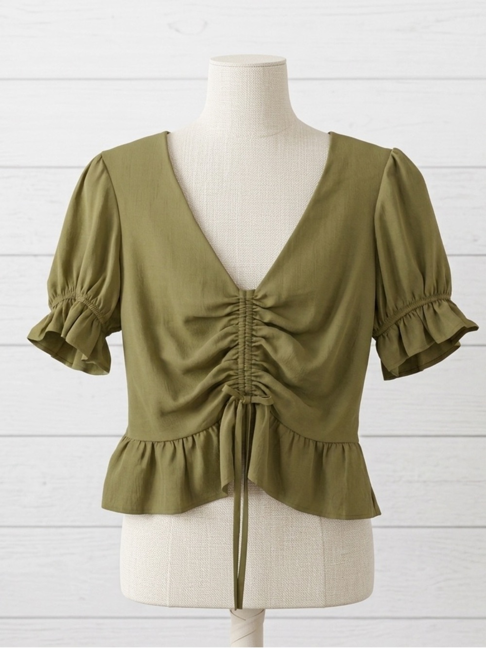 Topshop Olive Green Ruched Peplum Blouse • Cottagecore Boho Fall Top